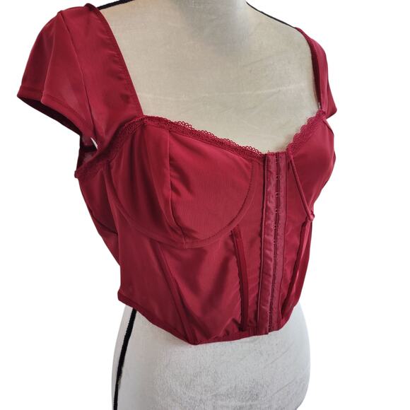 Faded Rose Sz XL Sheer Red Mesh Corset Top Cap Sleeve Underwire Whimsygoth Vamp - Picture 5 of 7